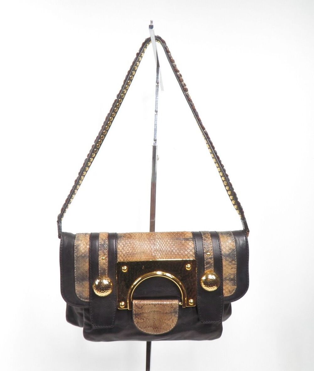Diane Von Furstenberg Marlene Clutch Metal Snake Shoulder Bag Black Gold Brown